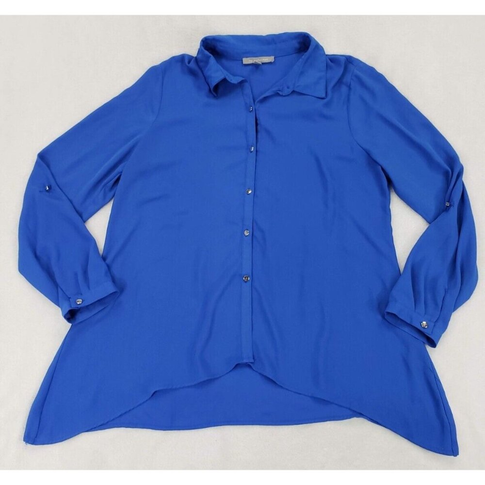 My Collection Top Women Large Blue Button Up Flowy Collar Untucked Layer Office
